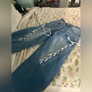 Blue Jeans with White Lace-Up Detail - BRAND NEW